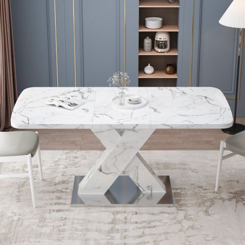 Modern Square Dining Table;  Stretchable;  Printed Black/white Marble +MDF X-Shape Table Leg with Metal Base